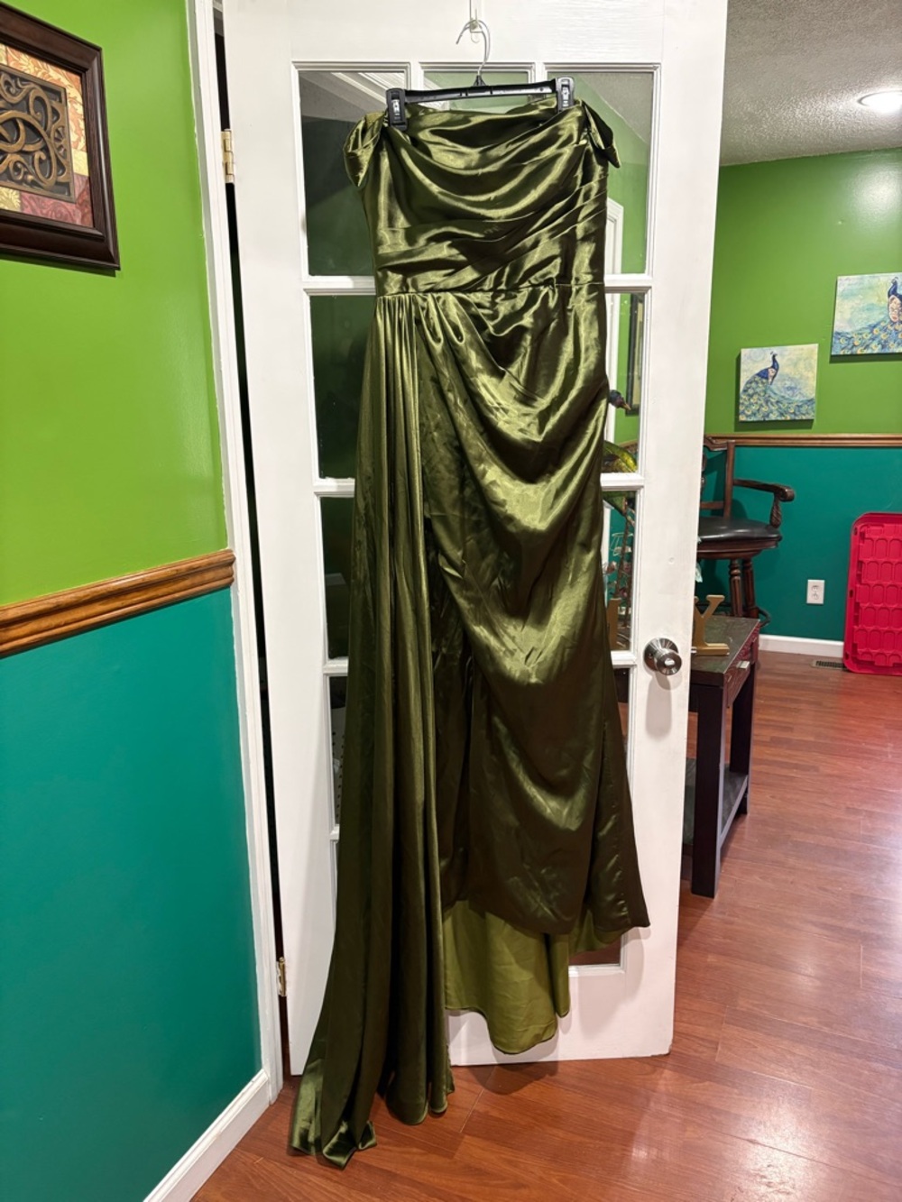 Strapless Olive Green Satin Evening Gown